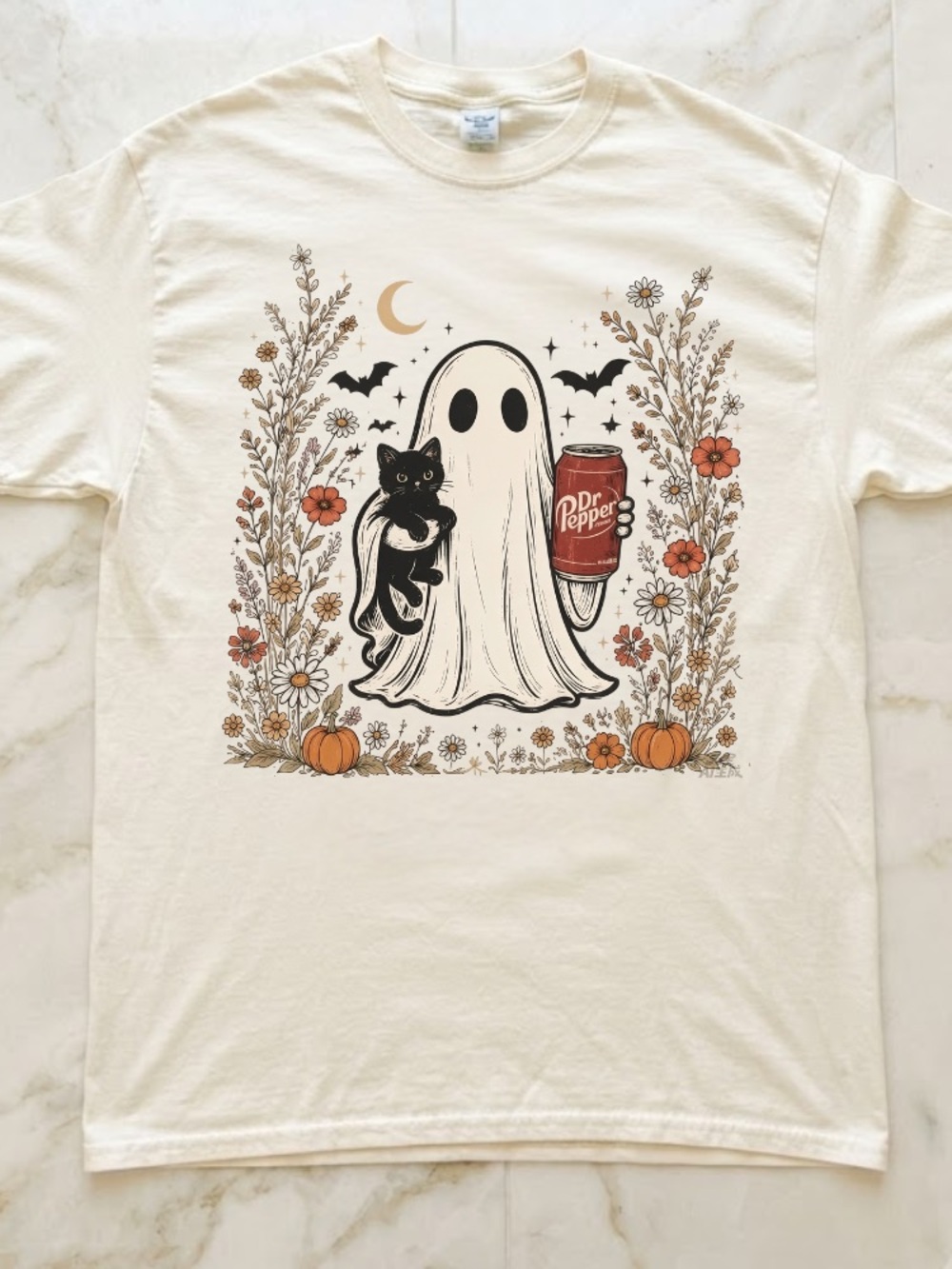 Ghost Cat Dr Pepper Fall Flowers Pumpkin Vintage White T-Shirt